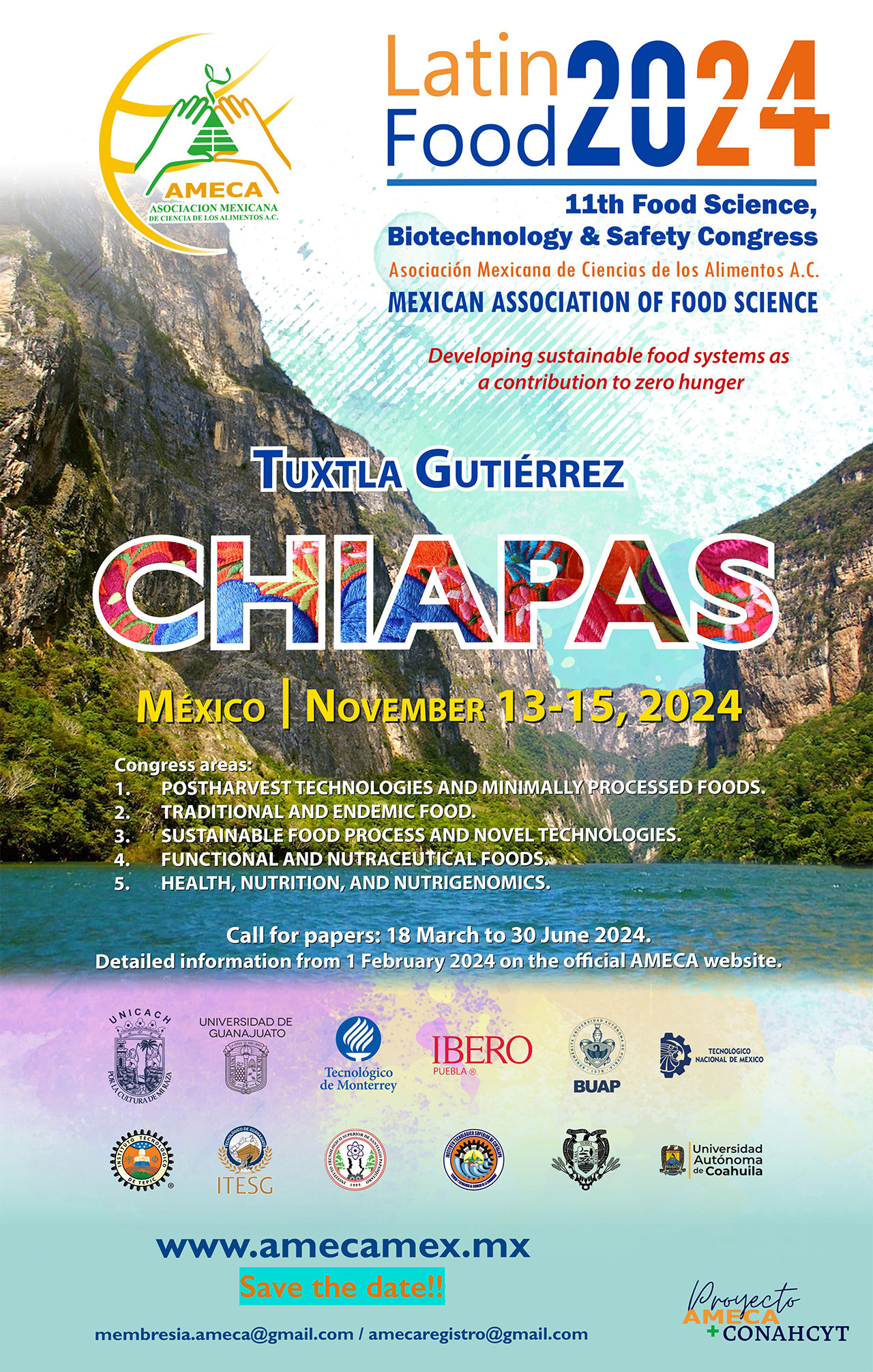 Latin Food 2024, 11th Food Science, Biotechnology & Safety Congress Chiapas - 13 al 15 de noviembre - Save the Date - AMECA, AC
