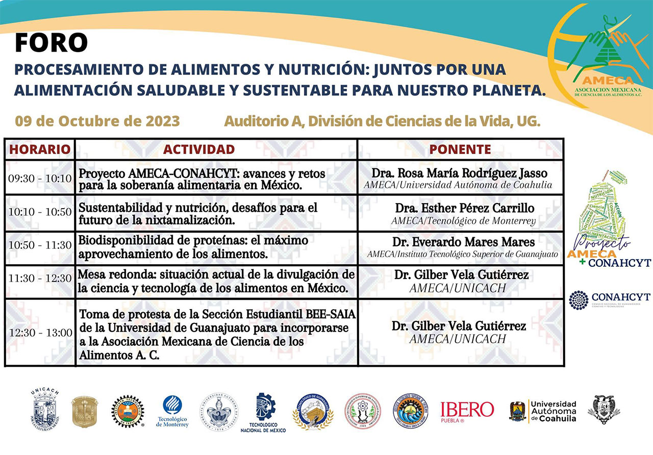Proyecto AMECA+CONAHCYT. Agenda. Semana de la Ciencia de Alimentos. UG Irapuato, Guanajuato - AMECA, AC